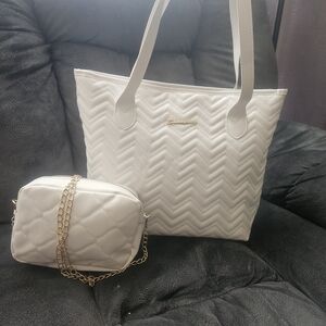 Elegant White Quilted Tote and Crossbody Set